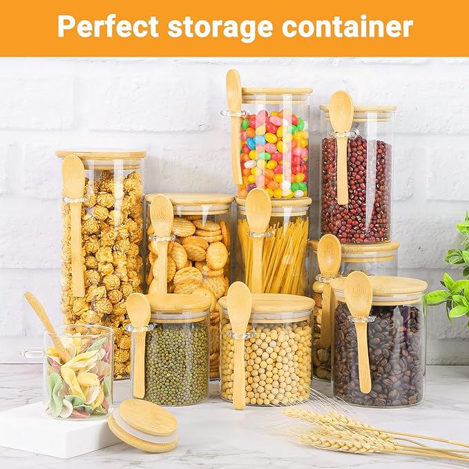 Glass Jars with Bamboo Lids and Spoon - 2 Pack 15 Fl.oz Round Glass Storage Jars with Airtight Lid, Clear Stackable Sugar and Coffee Container Set for Overnight Oats, Spice, Loose Tea,Candy