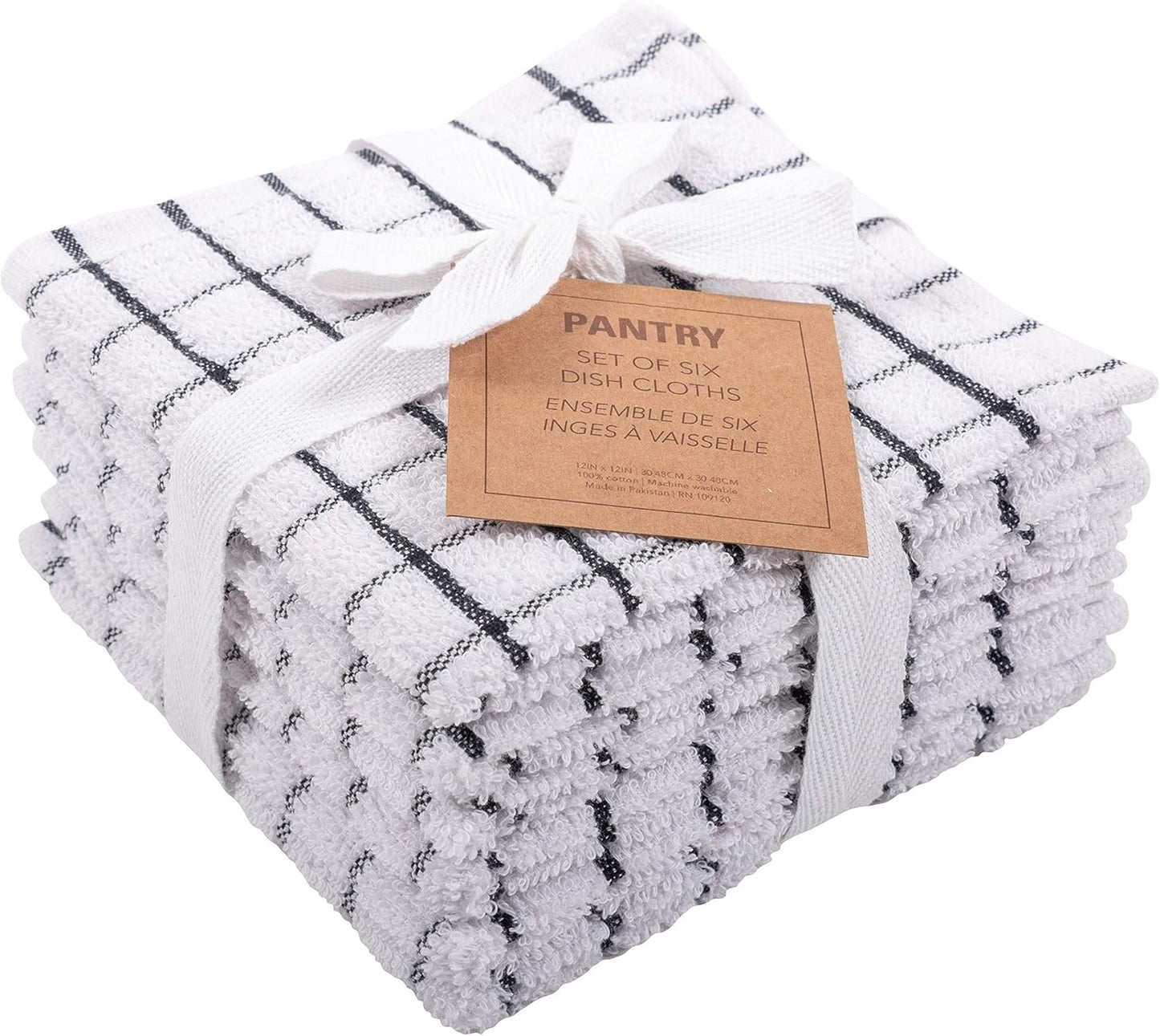 KAF Home Pantry 100% Cotton Checkered Grid Dish Cloths | Set of 6, 12 x 12 Inches | Absorbent and Machine Washable | Perfect for Cleaning Counters, and Any Household Spills - Black