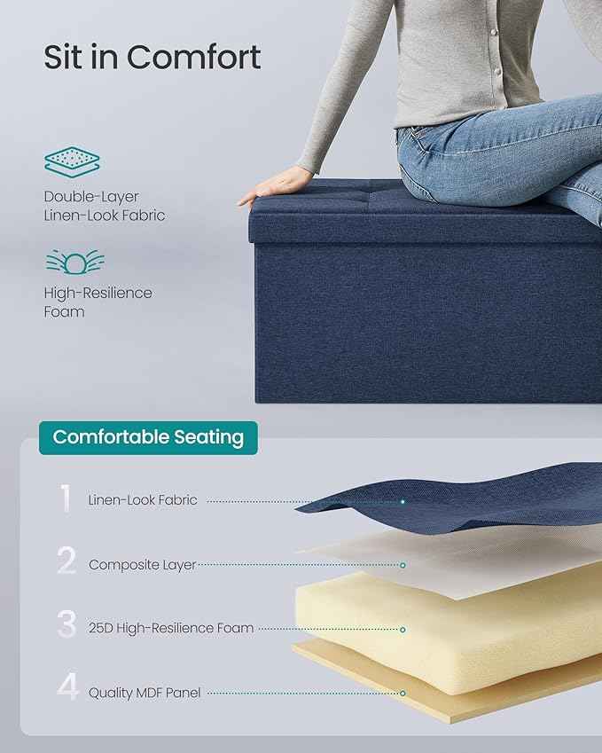 SONGMICS MAZIE Collection - 43 Inches Folding Storage Ottoman Bench, Ottoman Foot Rest, End of Bed Bench, Storage Chest, Load 660 lb, for Living Room, Bedroom, Entryway, Midnight Blue ULSF77IN