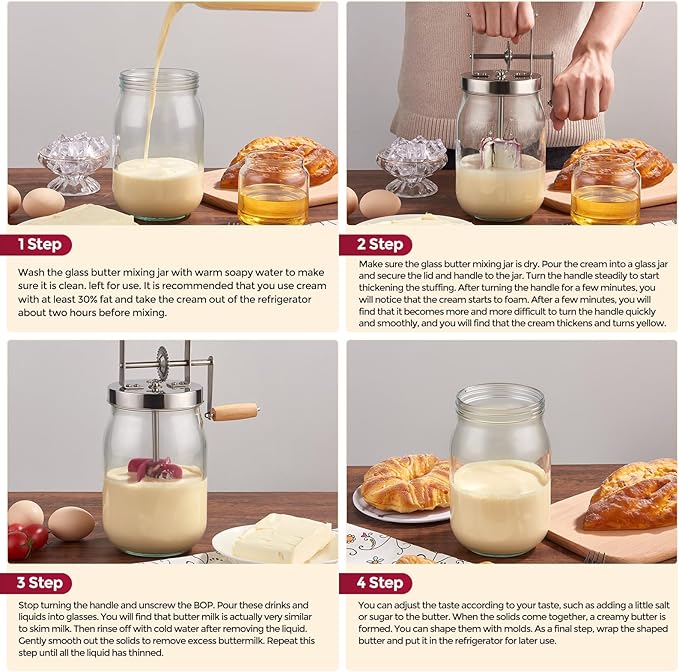 Butter Churn - Wooden Handle Shakes Stainless Steel Gear Manual Butter Maker, Butter Churner Hand Crank Mason Jar, Baking of Top Gadgets Butter Maker Cream Mixer (51oz)