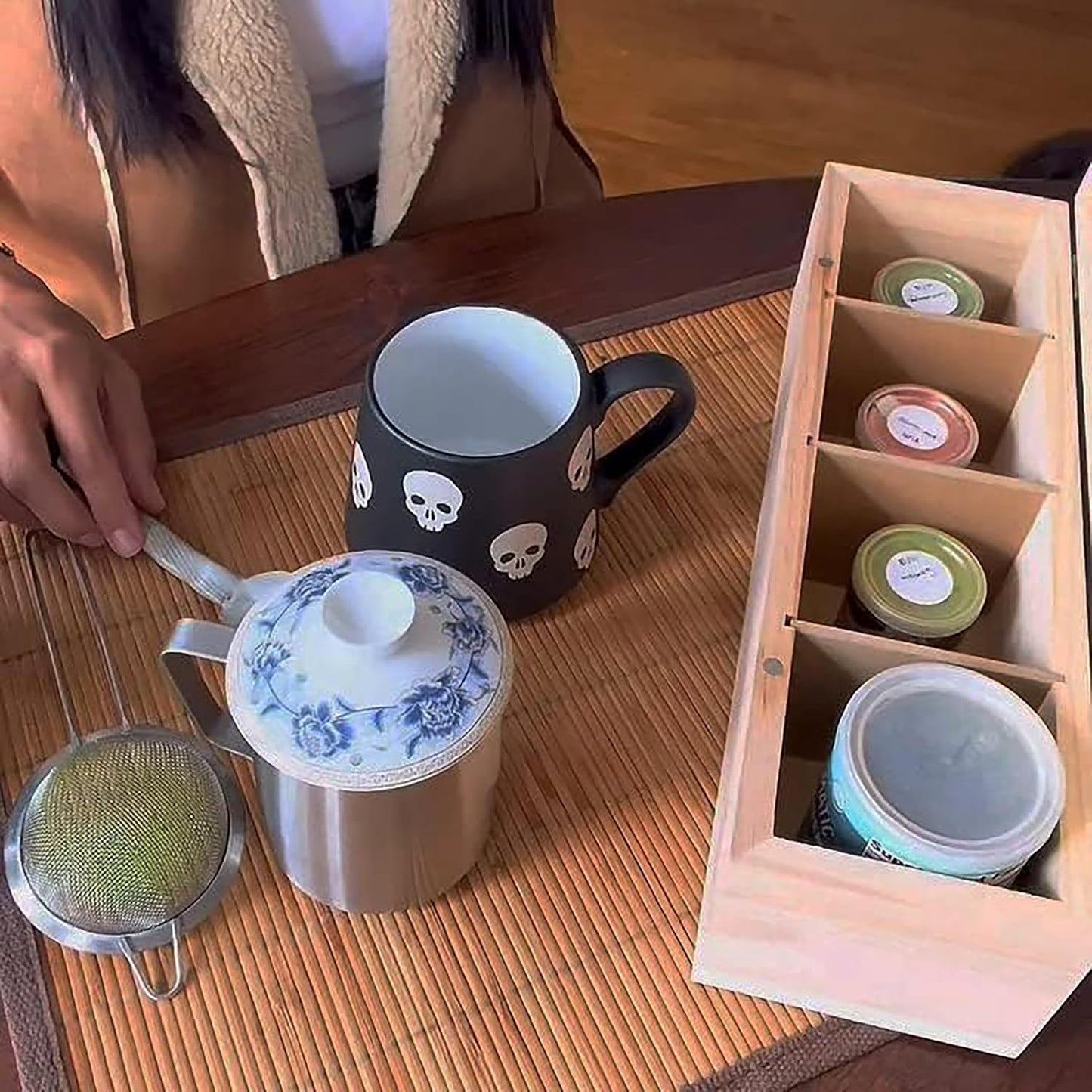 Bamboo Tea Organizer Box Chemical Free Eco-Friendly Big, Tall, Adjustable Cubbies Natural Wooden Storage Chest (4-Slot Across 14.3" x 4.4" x 4.2" with Tea Leaf design)