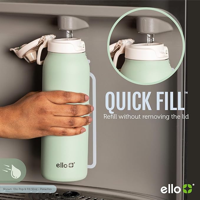 Ello Pop & Fill 40oz Stainless Steel Water Bottle with Quick Fill Technology, Double Walled and Vacuum Insulated Metal, Leak Proof Locking Lid, Sip and Chug, Reusable, BPA Free, Pistachio