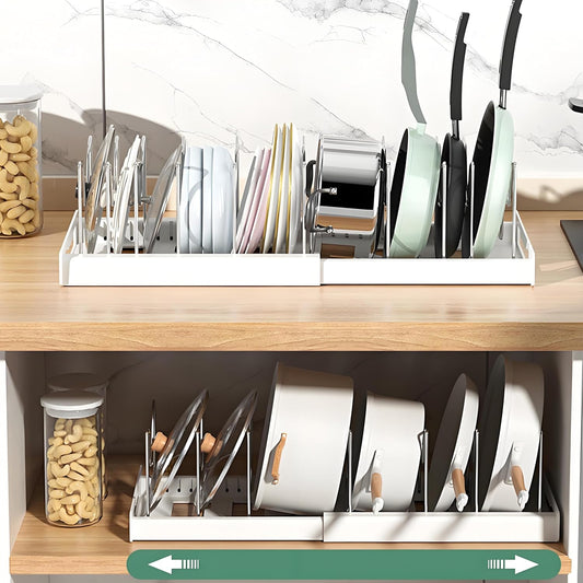 2 Pcs Pot and Pan Organizer, Expandable Pots and Pans Organizer Under Cabinet, Pot Lid Holder with 10 Adjustable Compartment for Bakeware, Cutting Boards, Lid, Dishes, Cookware (2 Pcs)