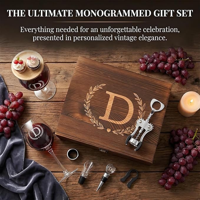 GZLDGIFTS Personalized Initial Wine Glasses Box Gift Set For Women Mom Engraved Birthday Monogrammed Wooden Christmas Gifts Wedding Anniversary Wine Couples Stopper Opener Initial Letterr (L Set)