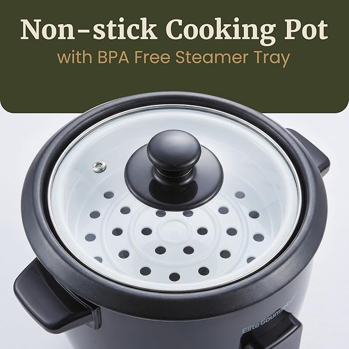 Elite Gourmet Electric Rice Cooker with Steam Tray and Non-Stick Inner Pot Makes Soups, Stews, Grains, Cereals, Keep Warm Feature, 6 Cups Cooked (3 Cups Uncooked), Black