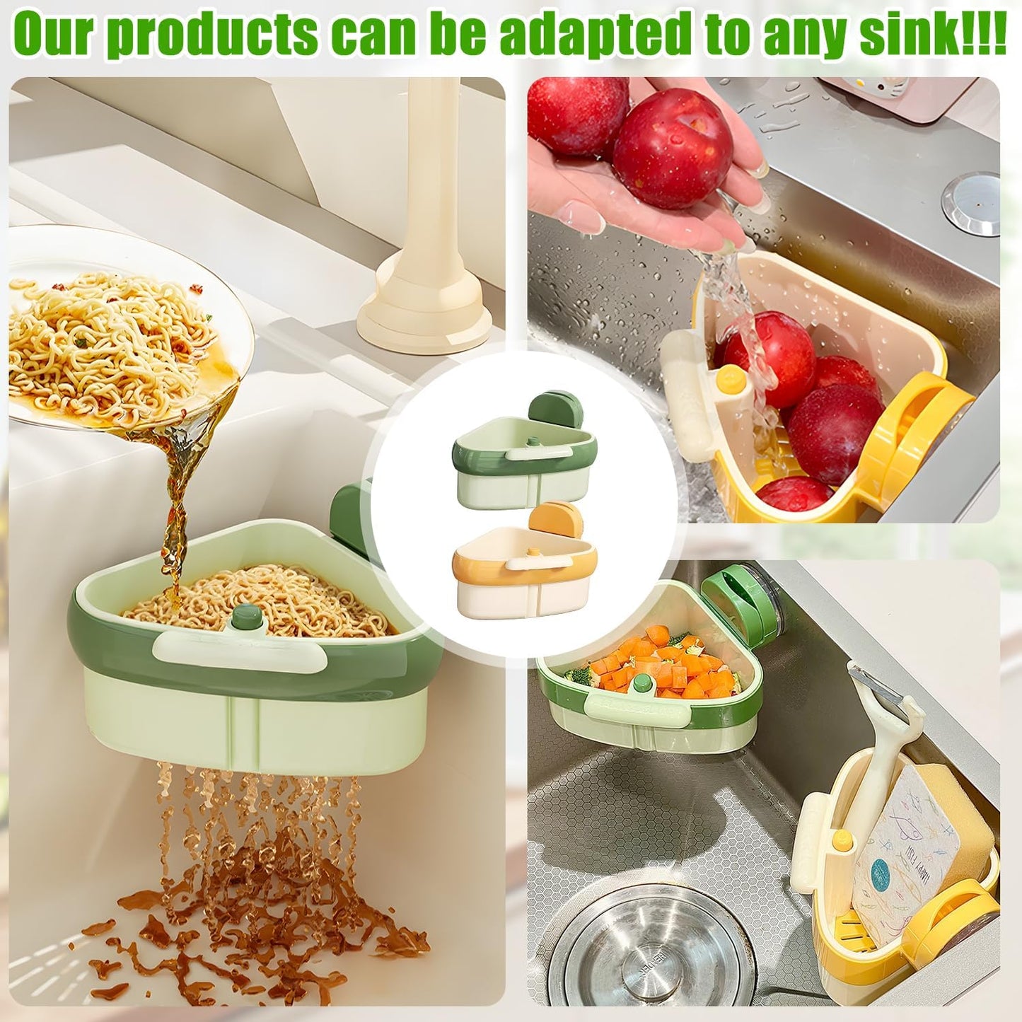 Sink Strainer Basket,2025 New Upgraded Suction Cup Press Sink Drainer Basket,Suction Cup Corner Rack,Corner Trash Catcher for Food Waste,Faucet Sponge Storage Rack (Green)