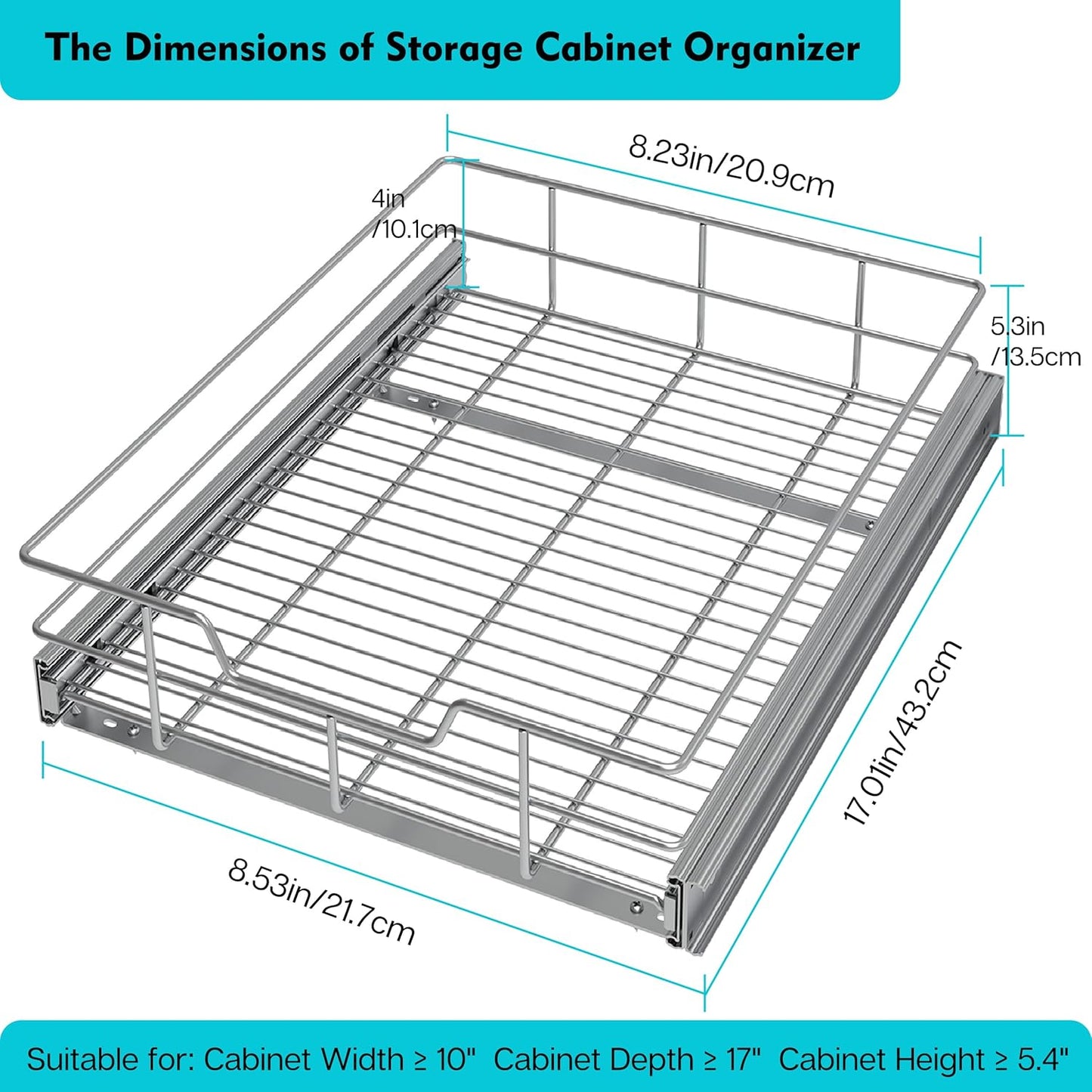 Pull Out Cabinet Organizer 9" W X 17" D, Slide Out Drawers For Kitchen Organizers and Storage, Pull Out Drawers For Cabinets Capacity Heavy Duty Caddy, Cabinet Shelves Chrome-Plated, Bathroom Pantry
