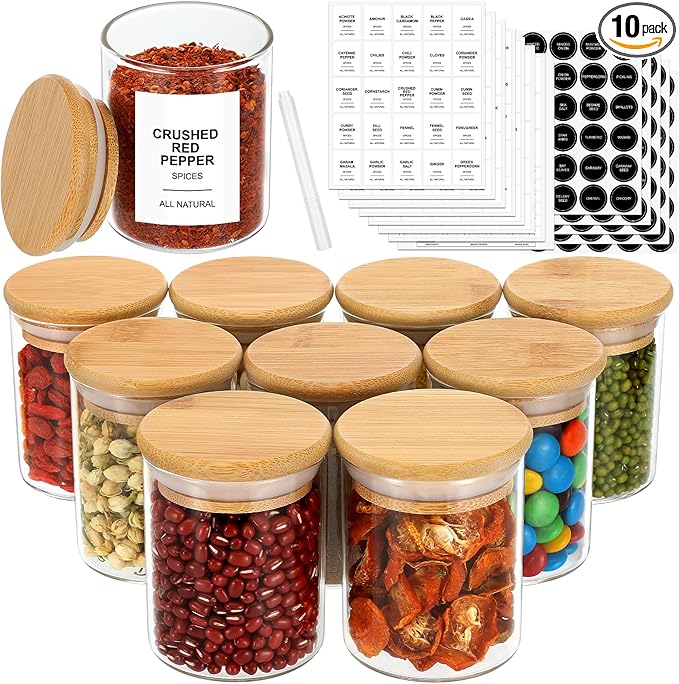 EgticHome 4OZ Glass Spice Jars with Bamboo Lids and 315 Labels, 10 Pcs Clear Food Storage Containers for Kitchen Sugar Salt Coffee Tea Beans