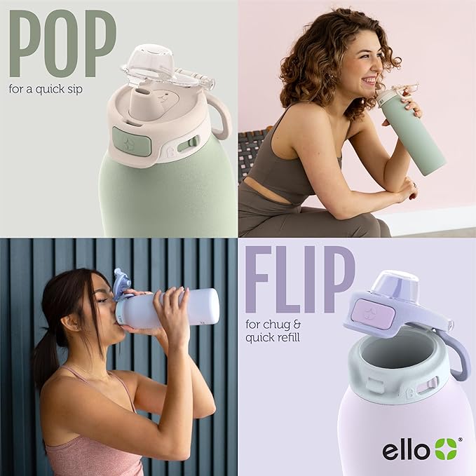 Ello Pop & Fill 32oz Stainless Steel Water Bottle with Quick Fill Technology, Double Walled and Vacuum Insulated Metal, Leak Proof Locking Lid, Sip and Chug, Reusable, BPA Free, Sunset Meadow