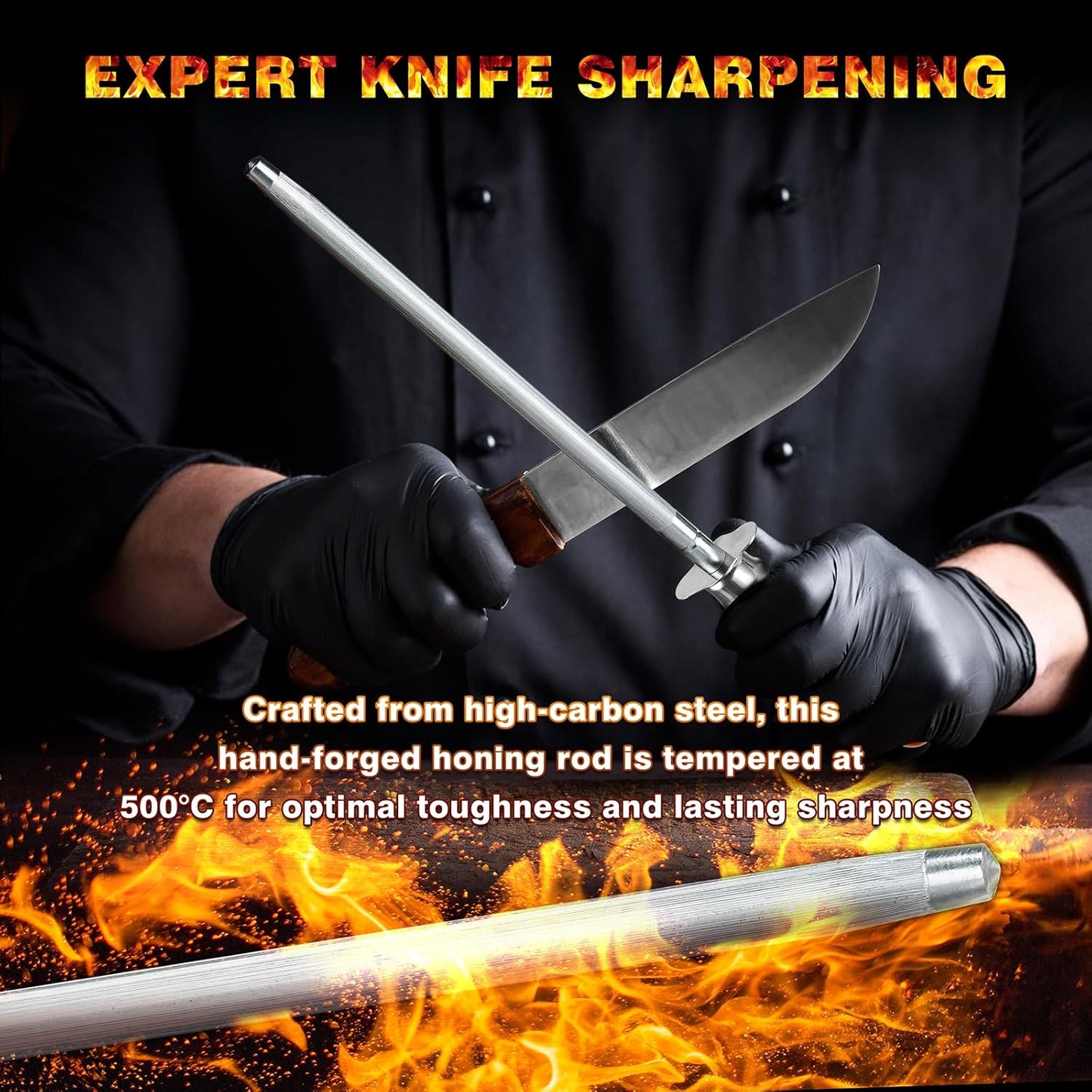 Knife Sharpener Rod, Kitchen Knives Sharpener Carbon Steel Professional Knife Sharpening Steel, Honing Rod with Hanging Holes (13 inches), P