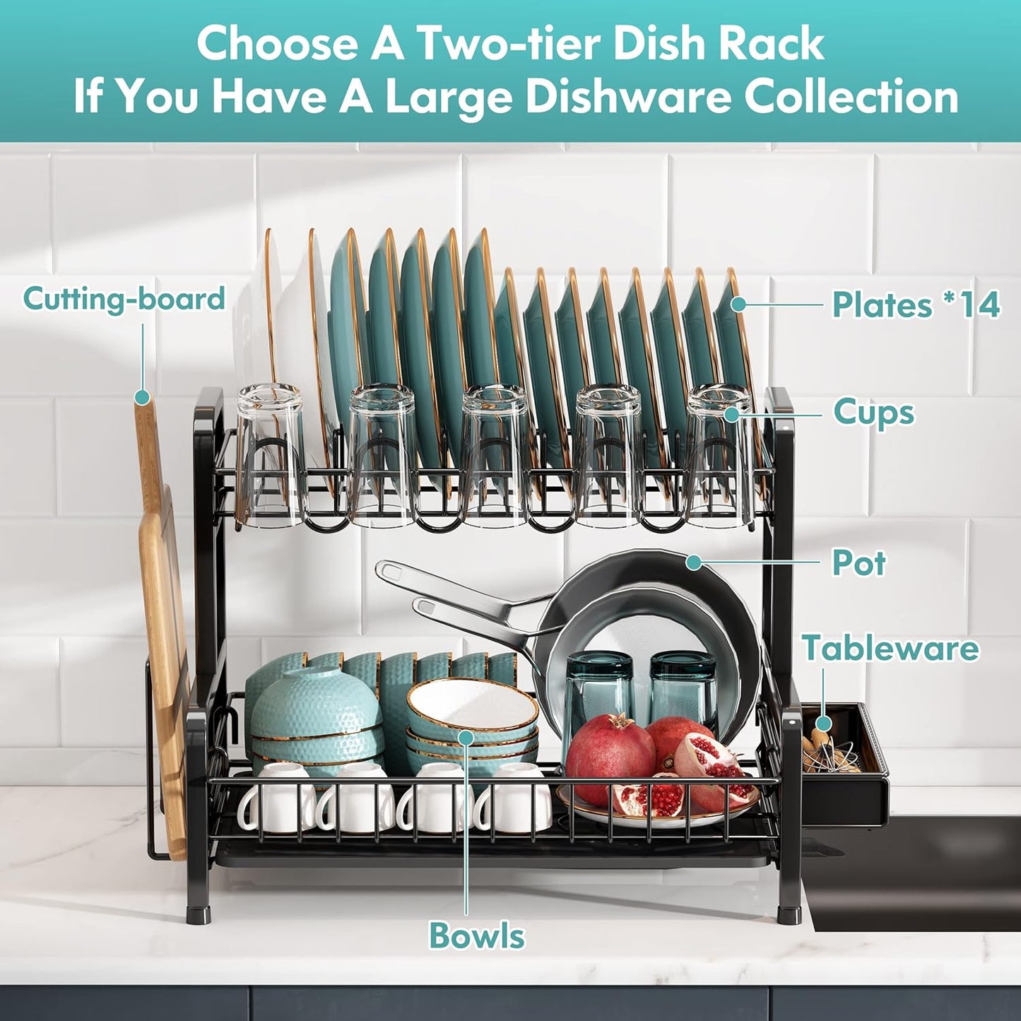 BOOSINY Dish Drying Rack and Drainboard Set for Kitchen Counter, 2 Tier Large Stainless Steel Sink Organizer Dish Racks with Cups Holder, Utensil Holder, Black Dish Strainer Shelf