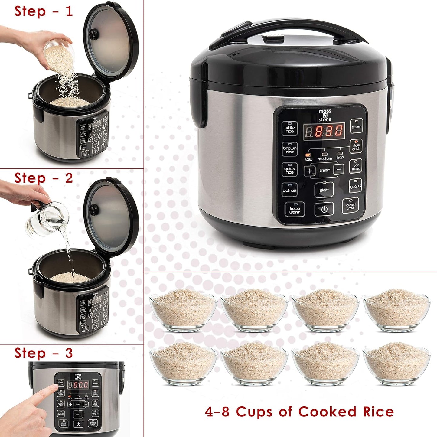 Moss & Stone - Small Digital Electric Rice Cooker, 4-8 Cups, 10 Preset Settings, Brown and White Rice Steamer, Slow Cooker with Steamer for Vegetables, Pot
