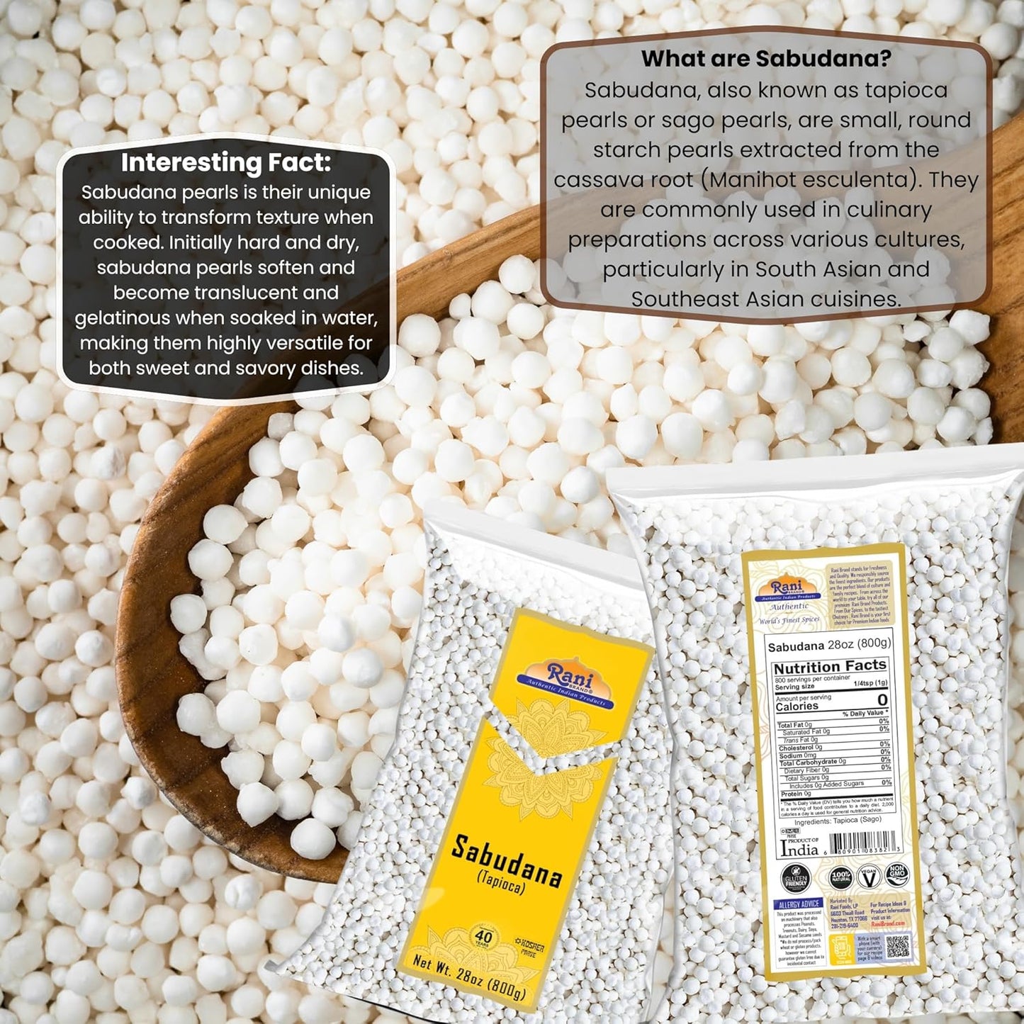 Rani Sabudana (Tapioca/Sago) Pearls 28oz (800g) ~ All Natural | Vegan | No Colors | NON-GMO | Indian Origin