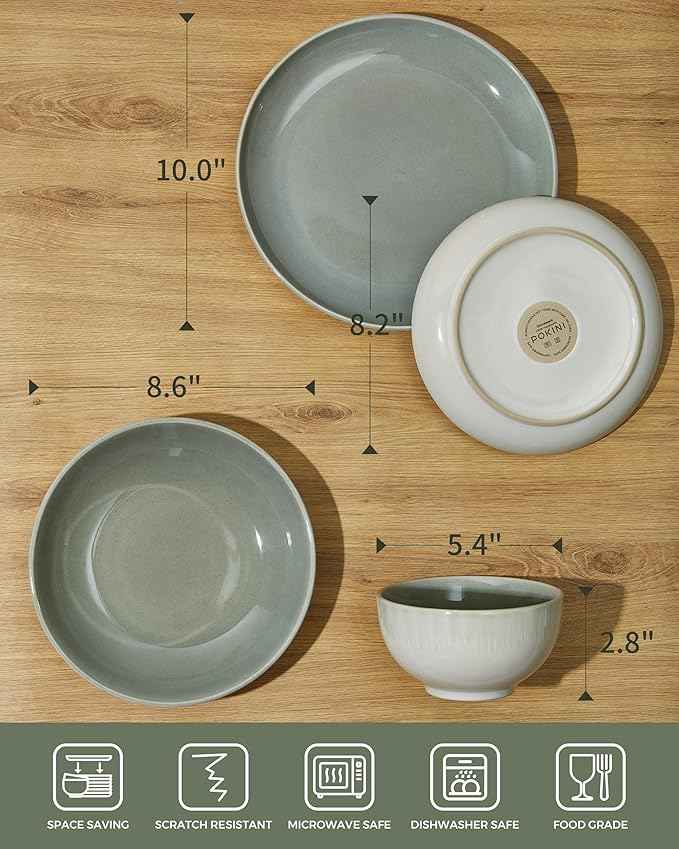32 Piece Double Bowl Dinnerware Sets with Pasta Bowls, Highly Chip and Crack Resistant Plates and Bowls Sets, Natural Earthyware Ceramic Dishware Sets, Service for 8 Gradient Green