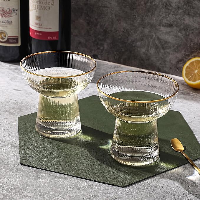 Lysenn Stemless Margarita Glasses Set of 4 - Elegant Vertical Stripes Cocktail Glasses – Premium Hand Blown Glassware for Martini and Mixed Drinks – 10 oz Gold Rim