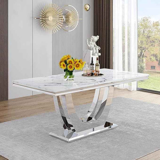 AF ARTISAN FURNITURE Marble Dining Table for 4-8,White Faux Marble Dining Tables with Silver U-Shaped Mirrored Finish Stainless Steel Base, Marble Kitchen Table for Living Room Home Office