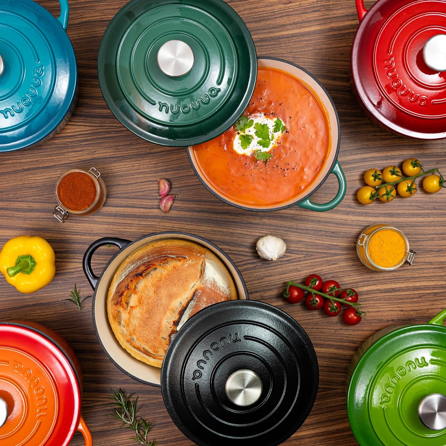 Cast Iron Pot with Lid – Non-Stick Ovenproof Enamelled Casserole Pot, Oven Safe up to 500° F – Sturdy Dutch Oven Cookware – Green, 5-Quart, 24cm – by Nuovva