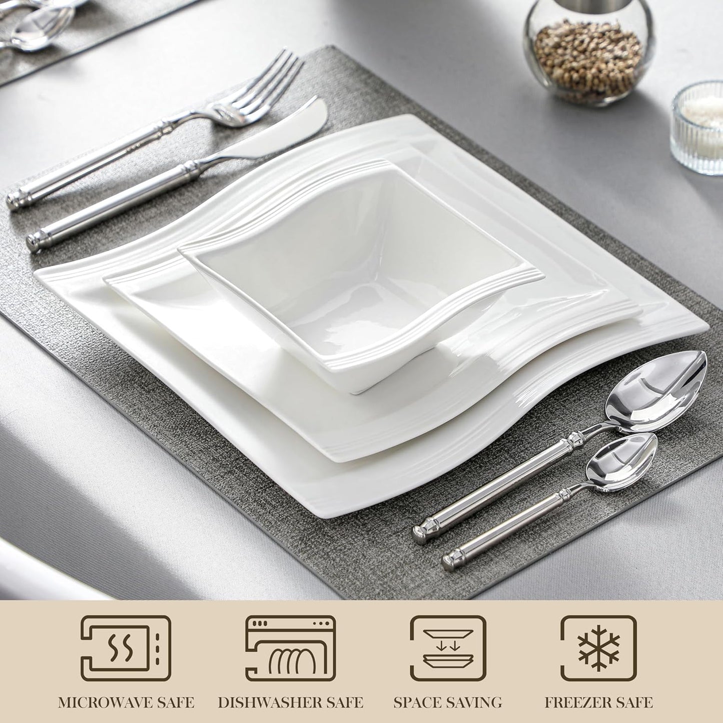 MALACASA Ivory White Dinnerware Set, 12 Pieces - Porcelain Dinner Plates, Dessert Plates and Bowls, Square Flora Pattern