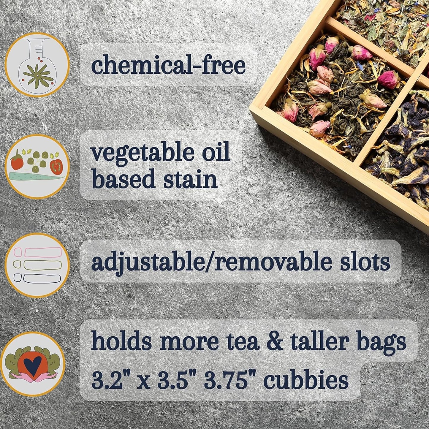 Bamboo Tea Organizer Box Chemical Free Eco-Friendly Big, Tall, Adjustable Cubbies Natural Wooden Storage Chest (4-Slot Square 7.4" x 8.1" x 4.2" Tea Time)